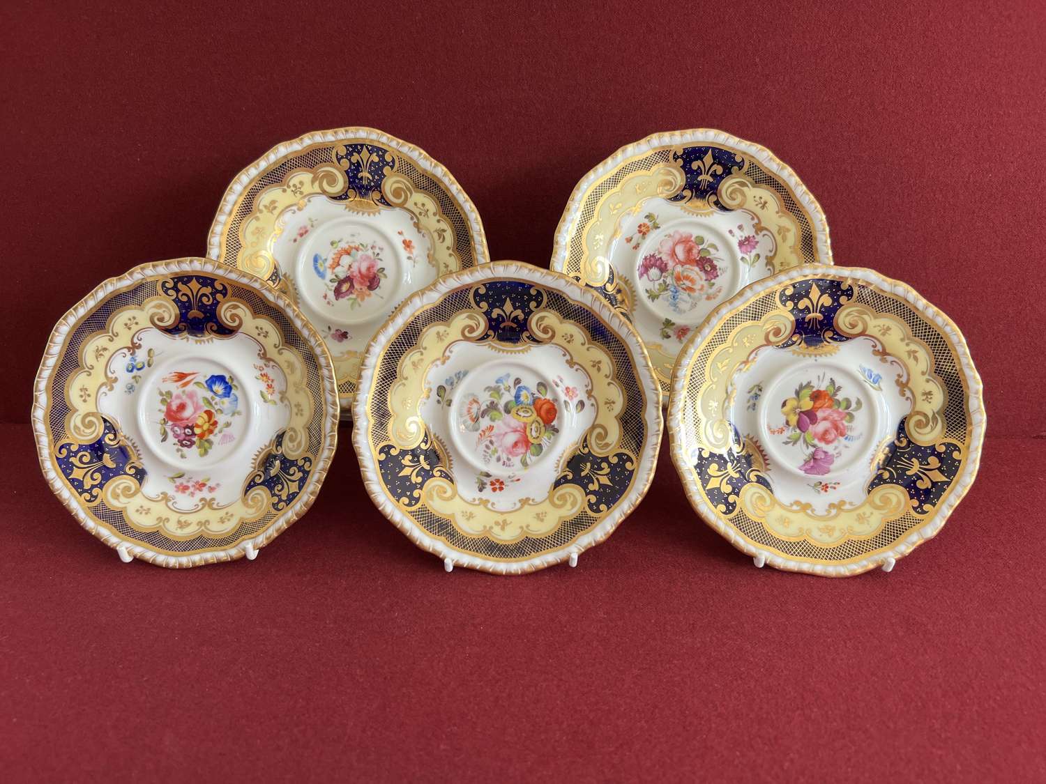 Five H & R Daniel Porcelain Saucers c.1825 Pattern 4058 Second Gadroon