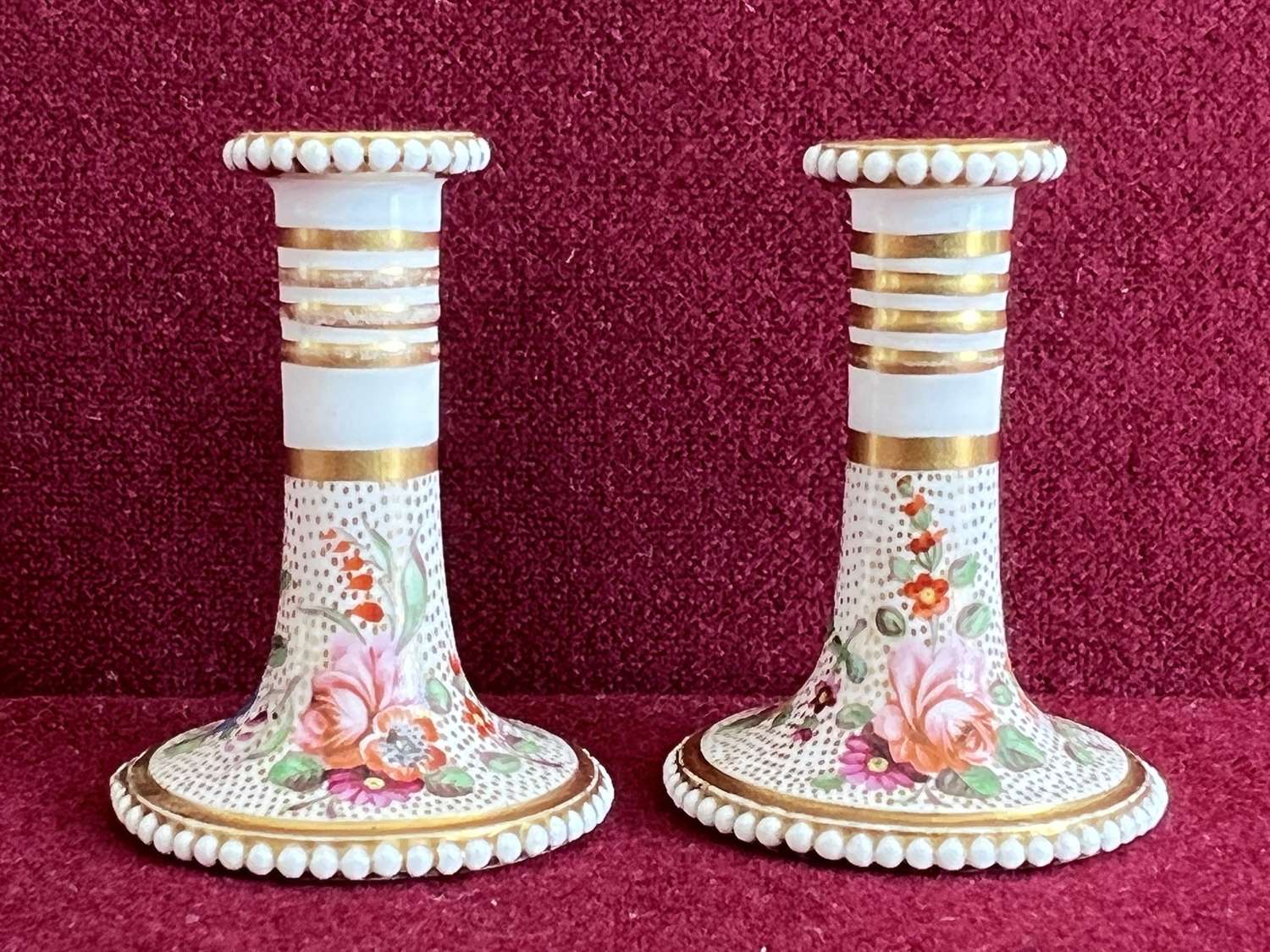 A rare pair of miniature Spode Porcelain Candlesticks c.1815-1820