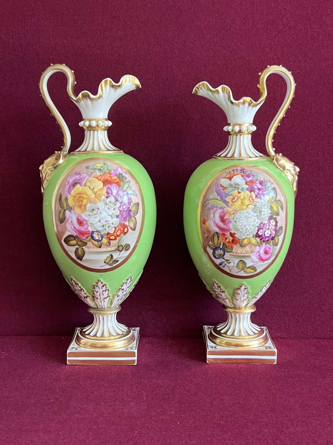 A pair of Bloor Derby Porcelain ‘Kedleston' ewers c.1820-1830