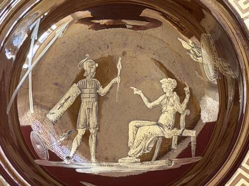A rare Wilson Copper Lustre Muffin Dish decorated in gold with classical figures c.1810
