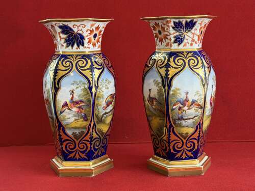 A superb pair of Flight, Barr & Barr Worcester Porcelain Hexagonal Vases c.1815 - 1820