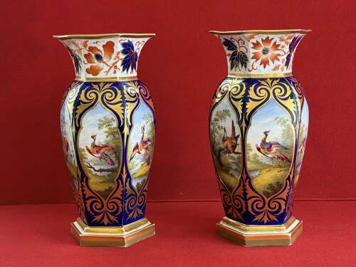 A superb pair of Flight, Barr & Barr Worcester Porcelain Hexagonal Vases c.1815 - 1820