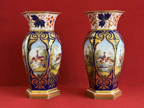 A superb pair of Flight, Barr & Barr Worcester Porcelain Hexagonal Vases c.1815 - 1820