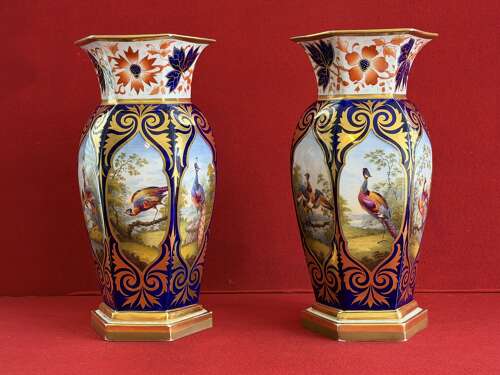 A superb pair of Flight, Barr & Barr Worcester Porcelain Hexagonal Vases c.1815 - 1820