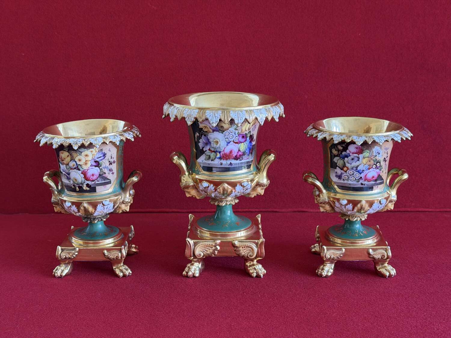 A superb Garniture of Minton Porcelain 'Devonshire' Vases decorated by Thomas Steel c.1835
